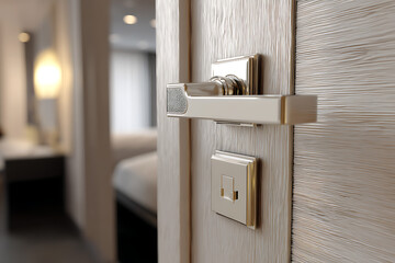Blank door hanger mockup on modern hotel room door handle. 3D Rendering