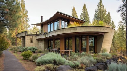 Organic Modern exterior using curved rammed earth walls, green roofs, and cantilevered decks amid native landscaping 