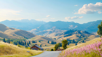 Naklejka premium Serene Mountainscape: Rolling Hills and Wildflower Vista