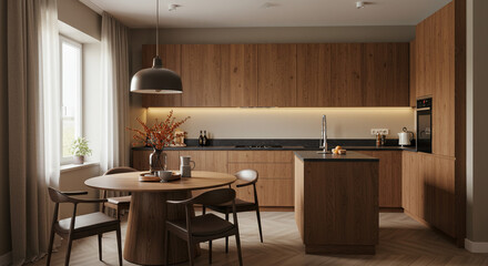 Modern kitchen design Warm wood cabinets cozy dining area natural light parquet floor stylish home