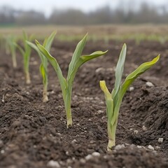 Fototapeta premium Young Corn Seedlings Emerging from Soil in a Field