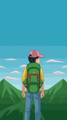 Young male hiker with backpack enjoying mountain view on a clear day flat vector illustration