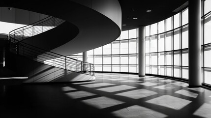 Obraz premium Elegant spiral staircase in a modern building with large windows creating striking light patterns