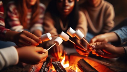 Marshmallows being Roasted above a Campfire on Sticks - Group of Friends Camping Outdoors - Fire in the a the forest with Smoke effect - Camping outdoors in the Nature
