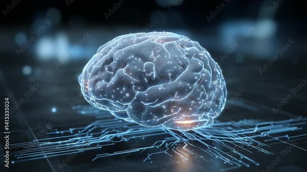 Aufkleber brain: digitally rendered brain with glowing circuits.