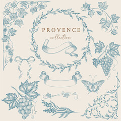Provence floral engraving frames. Botanical wreaths and borders for wedding vintage invitations. Line art hand drawing, Victorian illustration