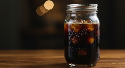 A cold brew toddy in a mason jar with ice cubes.