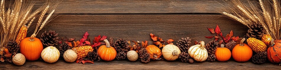Festive Autumn Arrangement Pumpkins, Corn, Pine Cones, Wheat Stalks on Wood