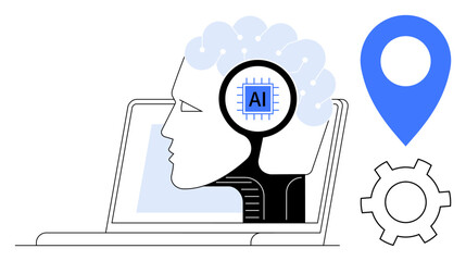 Human-thumbs up brain with AI chip inside a laptop, accompanied by a gear and location pin. Ideal for technology, AI, machine learning, innovation, automation, navigation, and a simple landing page