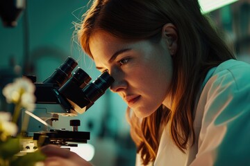 A focused female scientist meticulously examines a specimen under a powerful microscope in a dimly lit laboratory.