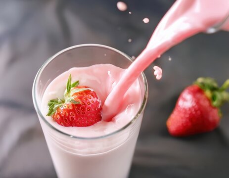 Refreshing strawberry smoothie pouring into glass with whole strawberry garnish - Powered by Adobe
