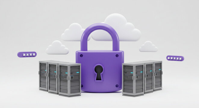 Secure Cloud Data Protection Servers Padlock 3D Render Minimalist Design