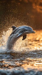 Obraz premium Majestic dolphin leaping from the water at sunset