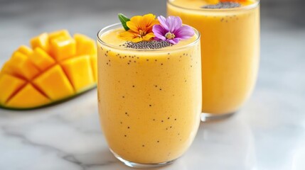 Refreshing mango smoothie recipe with edible flowers healthy tropical drink summer beverage