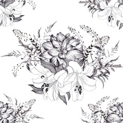 Seamless pattern. Dahlia and lily flowers. Bouquet of flowers and herbs on a watercolor background. Abstract wallpaper with floral motifs. Floral composition.