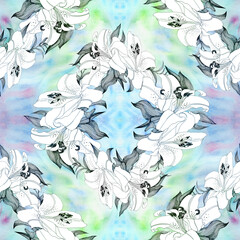 Seamless pattern. Dahlia and lily flowers. Bouquet of flowers and herbs on a watercolor background. Abstract wallpaper with floral motifs. Floral composition.