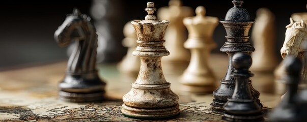 Fototapeta premium Chess pieces representing nations facing off on a world map, signifying strategic moves, competition, and deglobalization from ongoing trade disputes.