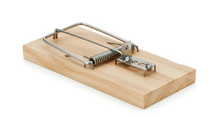Classic wooden mousetrap ready to spring metal spring mechanism simple design pest control isolated