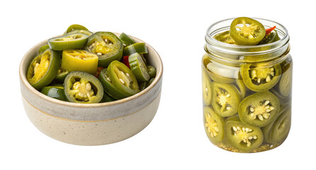 Sliced pickled jalapeno in a Jar and bowl on a transparent background food design