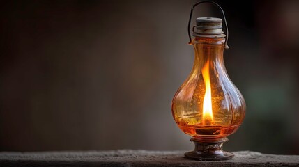 Bright flame enclosed in a traditional oil lamp with warm glow  
