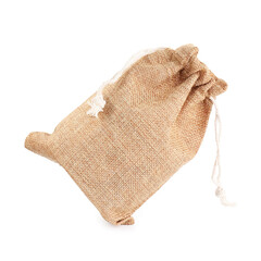 Closed money bag in air on white background