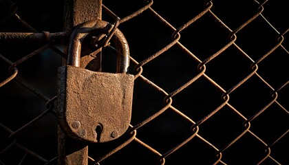 A rusty padlock on a chain-link fence partially lit from one side