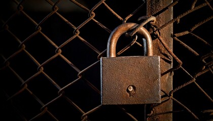 A rusty padlock on a chain-link fence partially lit from one side