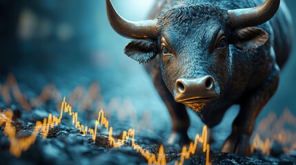 Bull Market Symbolism with Bronze Bull and Abstract Stock Trend Graph