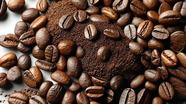 Freshly Ground Coffee with Whole Beans on Rustic Surface