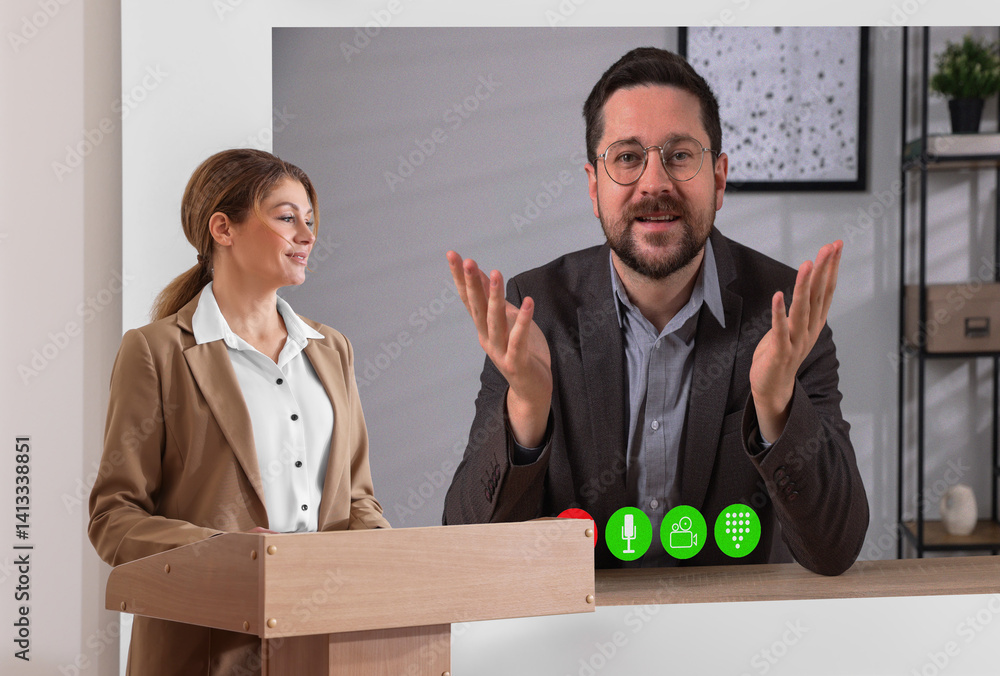 Poster speaker participating in lecture via online video chat. coach in conference room with projection scr