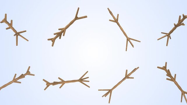 Coat Stands Falling on a Light Blue Background. Wooden Coat Racks 3D. 4K 