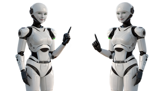 Two female robots are standing close together and are playfully pointing at one another, showcasing their interaction and design