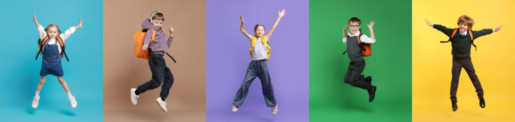 Cute school children with backpacks on different color backgrounds. Back to school. Collage of...