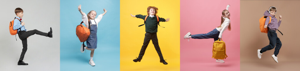 Cute school children with backpacks on different color backgrounds. Back to school. Collage of...