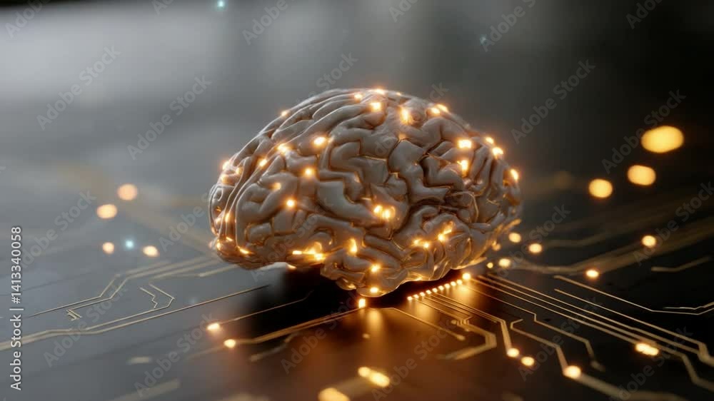 Poster Brain's Circuitry: Illuminated view of a brain, integrated with circuit board, representing advanced cognitive processing and innovative concepts.