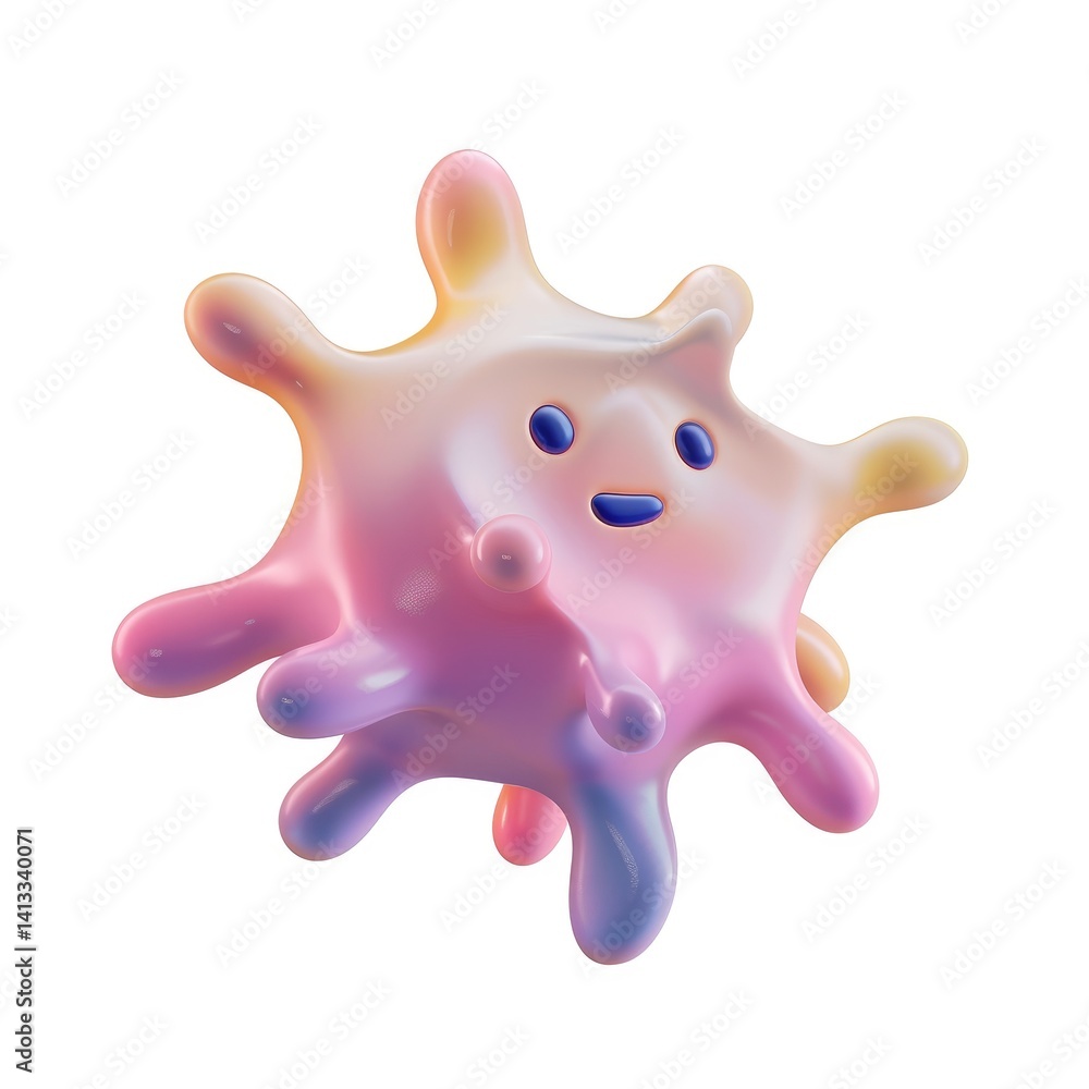 Poster playful, multicolored blob character with a happy face.