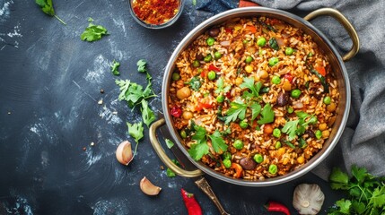 Egyptian vegan street food koshari served in a metal pot, top view.