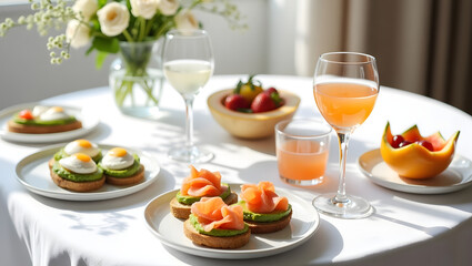 dinning table with served food ,juice  and prepared breakfast date surprise for couple