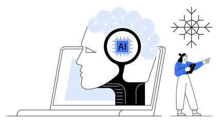 Futuristic AI brain with integrated microchip on laptop screen, a figure with clipboard analyzing concepts. Ideal for technology, AI, innovation, machine learning, data science, brainstorming, simple