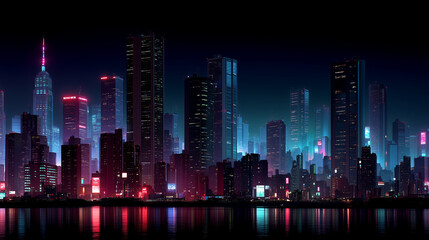 Fototapeta premium A futuristic cyberpunk city skyline glowing in neon colors, ideal for sci-fi backgrounds, tech banners, and modern posters.