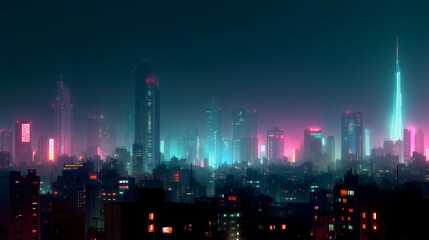 Fototapeta premium A futuristic cyberpunk city skyline glowing in neon colors, ideal for sci-fi backgrounds, tech banners, and modern posters.