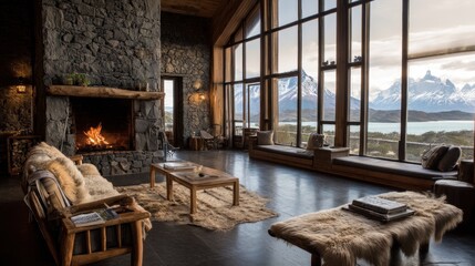 Patagonian lodge with sheepskin rugs, stone fireplaces, and floor-to-ceiling windows framing glacier views. 