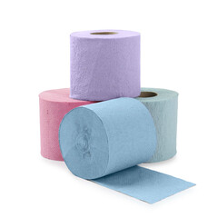 Colorful toilet paper rolls isolated on white