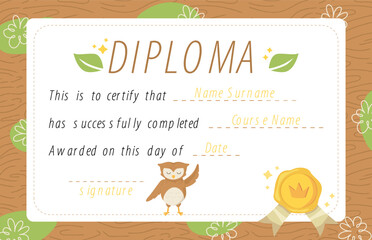 Warm and cozy kids diploma with a wooden texture background and a cute owl illustration. Perfect for nature-themed achievements and school awards. Stock vector illustration in cartoon style.