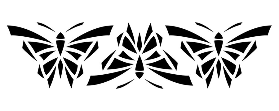 Vector stencils with abstract geometry butterfly. Black butterflies on white background. Monochrome natural decor. Cute isolate decorative design for laser cut, print, etc.