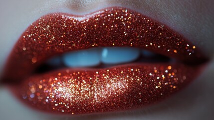 Sparkling red lips adorned with glitter showcase beauty in close-up detail during a makeup session