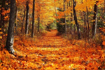 Obraz premium Forest Path Covered with Vibrant Fallen Leaves in Autumn Landscape, Sunlight Through Trees