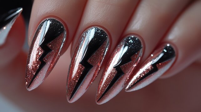 Stylish nail art featuring glittery lightning bolt design with black and silver accents created in a nail salon