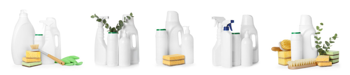 Different cleaning products on white background, set