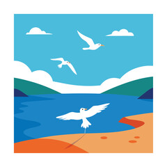 natural seashore flying seagulls